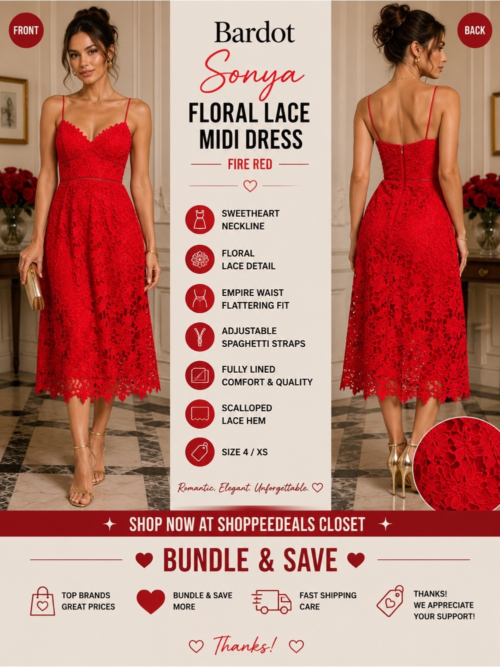 Bardot Sonya Floral Lace Midi Dress – Fire Red – Women’s rUS 4 / XS